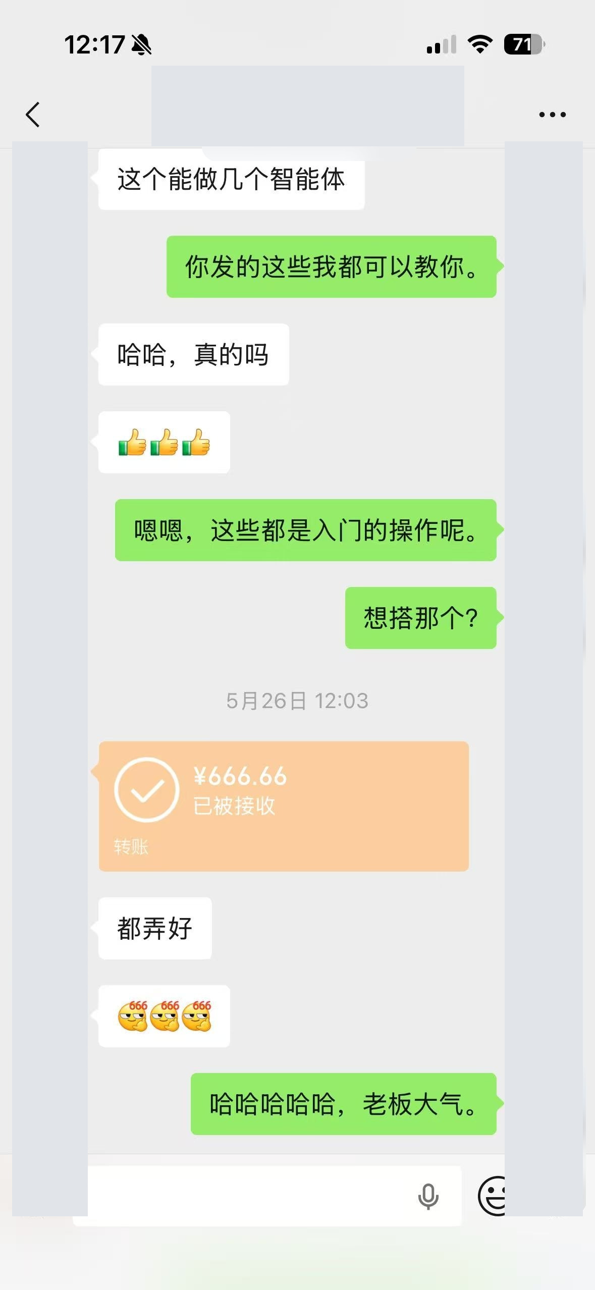 666 深度搭建反馈记录了客户确认需求后的付款与交流。公开版本已脱敏个人身份与无关交易信息